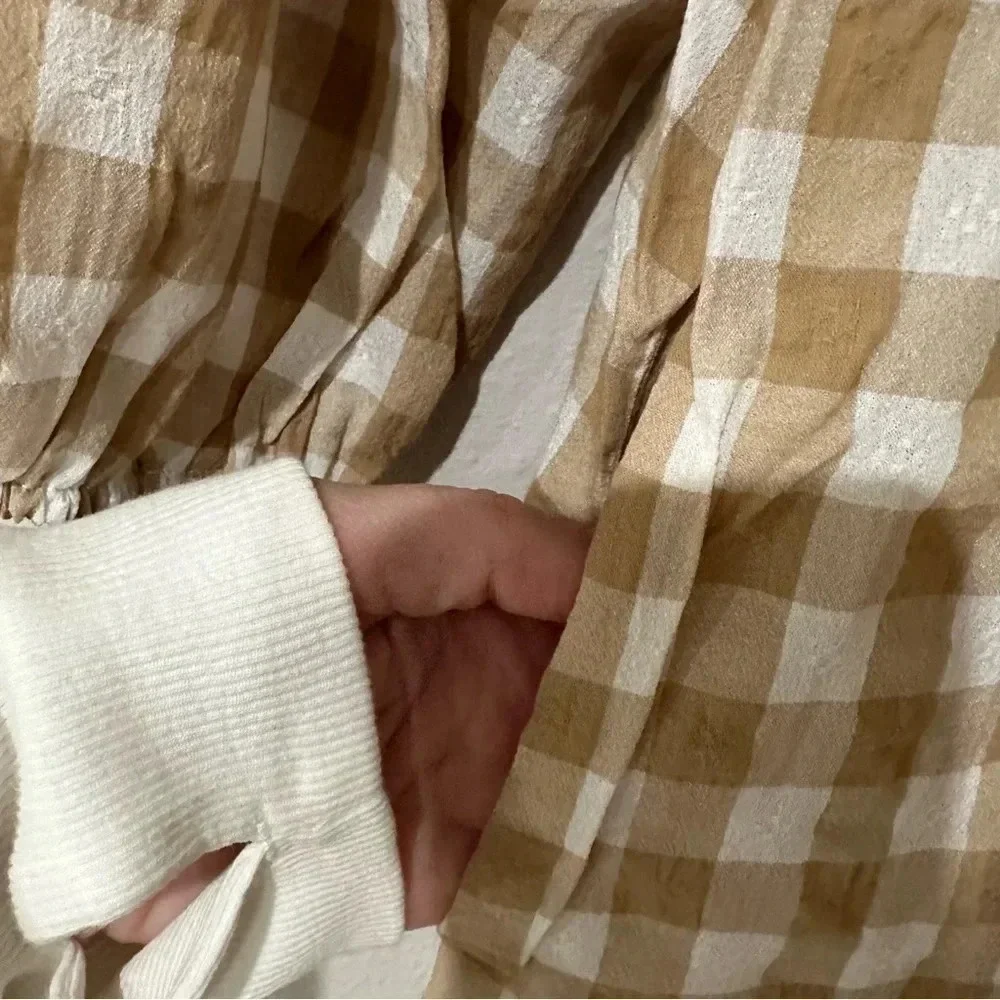 Umgee Gingham Beige & White Fall 3/4 Sleeve Tie Back A-Line Dress Size M NWT - Picture 11 of 13